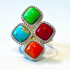 Jay King Turquoise & Coral 925 Sterling Silver Ring Sz 10